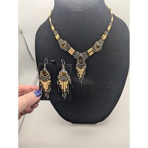 Amber Stones with Wood Beads Layered Necklace & Dangle Earrings Set Hand Crafted